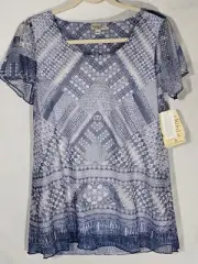 One World Mesh Flutter Sleeve Scoop Neck Sublimated Print Knit Lined Top