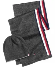 Tommy Hilfiger Men's Side Stripe Set Hat & Scarf Charcoal One Size $80