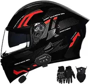 ZHGAXING Flip-up Helmet Motorcycle Helmet Bluetooth Full Face Helmet DOT/ECE Certified Modular Helmet Full Face Helmet with Built-in Microphone for Adults Unisex A,L=59-60CM