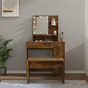 Dressing Table Set with LED Smoked Oak Engineered Wood,Multifunctional Vanity Table with LED Mirror and Ample Storage for Makeup, Jewelry, and Essentials Dressing Tables