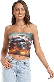 [RPLIFE] Vibrant Classic Monster Truck Womens Tube Top Sheer Tube Tops, Women Strapless Top, Aesthetic Summer Tops (S)