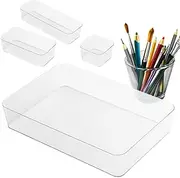 Vanity Organizer Trays | 4X Clear Drawer Storage Containers Organizer Trays For Makeup,Non-Slip Containers Divider Bins For Kitchen, Bedroom, Bathroom