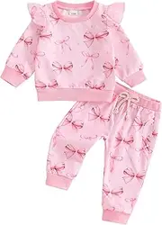 [XIXIMAON] Baby Girls 2 Pieces Fall Clothes Bow Print Long Flying Sleeve Pullover Sweatpants Set Toddler Girls Waffle Knit Tracksuit Christmas Outfits