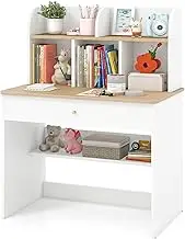 Costway Kids Study Desk with Storage, Wooden Children Writing Table with Hutch, Drawer, Open Shelf, Home School Students Study Table Computer Workstation for Kids 3+