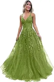 [Generic] Women's Tulle Lace Appliques Sparkly Prom Dresses A Line with Slit V Neck Formal Party Dress PRY109