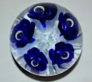 10" circum. CRYSTAL with COBALT BLUE flowers SPHERE PAPERWEIGHT Deco Art New