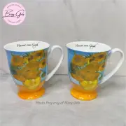 (2) Stechcol Gracie Bone China Vincent Van Gogh SUNFLOWER Footed Mugs 12 oz NEW