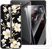 ESACMOT Golden Flowers Pattern Case Compatible with ZTE Nubia Red Magic + [2 Pack] Screen Protector Tempered Glass, Shockproof Case Cover for ZTE Nubia Red Magic Mars RNG (6 inch)