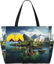 [Ghjkfbf] Norway Islands Print Large Capacity Beach Travel Bag For Family, Beach Tote Bag For Women With Zipper Pockets, Black, One Size