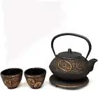 Cast Iron Tetsubin 20oz Teapot Antique Ancient Gold Coin Pattern with 2 teacups