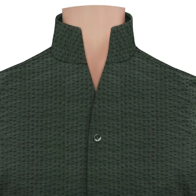Karl Lagerfeld Style Men's High Open Collar Bottle Green Seersucker Summer Shirt