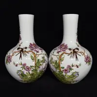 在飛比找Yahoo!奇摩拍賣優惠-清雍正琺瑯彩花鳥紋天球瓶，31.5×20，T086000-4