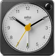 Braun Classic Analogue Travel Alarm Clock with Snooze Function and Light, Compact Size, Quiet Quartz Movement, Crescendo Alarm, Black and White Model BC02XBW