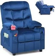 HONEY JOY Kids Recliner Chair with Cup Holder, Adjustable Velvet Lounge Chair w/Footrest & Side Pockets for Children Boys Girls Room, Ergonomic Toddler Furniture Sofa for 3+ Age (Blue)