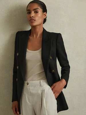 $515 REISS Lana Tailored Textured Wool Blend Double Breasted Blazer | UK14 US 10