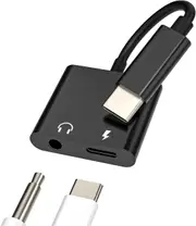 (2in1) USB C AUX Jack Splitter Audio Charger Adapter For iPhone 15 Pro Max Xiaomi Samsung Type C To 3.5mm Adapter Earphones Jack Cable - Black