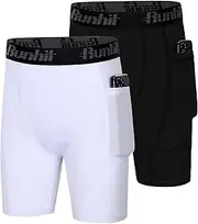 [Runhit] 2 Pack Youth Boys' Compression Shorts,Boys Performance Athletic Base Layers Underwear Sports Shorts Side Pocket Black+White M