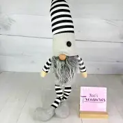 Mera Vic BLACK & WHITE STRIPE Wooden Nose Weighted W/ Legs 22" Plush Gnome NEW