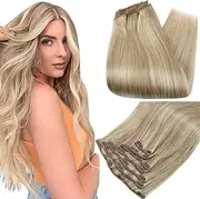 Full Shine Blonde Highlight Clip in Hair Extensions Human Hair P16/22 Clip in Hair Extensions Remy Human Hair 100 Grams 7 Pcs Double Weft Clip in Extensions Real Hair 18 Inch