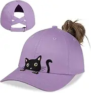 [LUCKYBUNNY] Girls Ponytail Hat Criss Cross Baseball Cap Cute Cat Embroidered Trucker Hat for Women