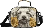 Insulated Lunch Box Dog Floral Gold for Women Men - Ideal for Work, Picnics - Includes Adjustable Shoulder Strap