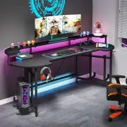 75 Inch Gaming Desk with Monitor Shelf, Large PC Computer Desk with LED Lights,