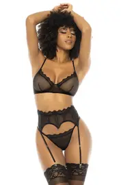 [Mapale by Espiral] Iris 3 Piece Mesh Bra Set with Garter Belt & Panty