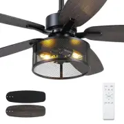 Farmhouse Ceiling Fan with Light and Remote,48" Black Industrial Caged Flush ...