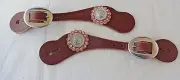 Womens Pair Rich Brown Bridle Leather Spur Straps Jeremiah Watt Conchos Spotted