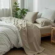 MooMee Bedding Sheet Set 100% Washed Cotton Linen Like Textured Breathable Durable Soft Comfy (Heathered Khaki, Queen)