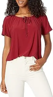 [Star Vixen] Women's Short/Slit Sleeve Keyhole-Tie Knit Peasant Top w Bubble Hem