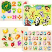 GRINNNIE 4 PCS Wooden Peg Puzzle for Toddlers 2 3 4 Years Old, Educational Learn