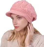 [Huakunda] Women Winter Warm Knit Hat with Visor Vintage Elegant Beanie Cap Braided Soft Lining Ladies Peaked Beanie Skull