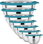 P&P CHEF Mixing Bowl with Lid Set, Stainless Steel Nesting Salad Bowls for Cooking Serving Prepping, Clear Lids & Stackable Design, Size 4.6, 3.5, 3, 2, 1.5, 1, 0.7 Qt - Blue, Set of 7