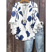 Women's Shirt Floral Stylish Modern 3/4 Length Sleeve V Neck Regular Tops Daily Holiday Ruffle Print Light Green Pink Blue Green Summer