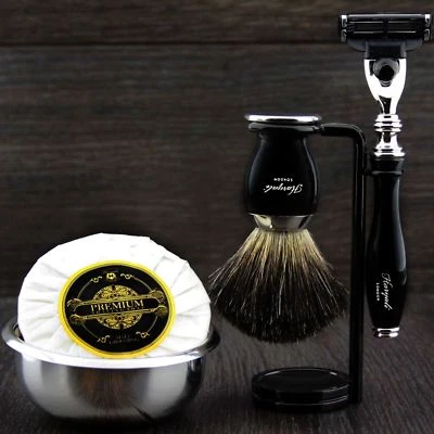 Classic 5 Piece Men's Shaving Set ft Triple edge & Pure Black Badger Brush