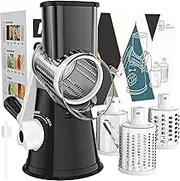 Cambom Rotary Cheese Grater Cheese Shredder - Kitchen Manual Cheese Grater with Handle Vegetable Slicer Nuts Grinder 3 Replaceable Drum Blades and Strong Suction Base Free Cleaning Brush