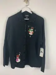 Christmas Holiday Sweater Women XL Extra Large Cardigan Beaded Sequin Snowmen