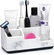 Richenda Toothbrush and Toothpaste Holder with Drainage, 5 slots Bathroom Organizer Storage Caddy Countertop Anti-Slip Home storage organisation for Shower,Bath Products, Kitchen, white marble