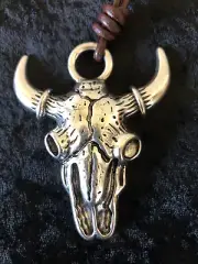 Large 3" Silver Bull Skull Head Pendant Necklace on a 32-35" Brown Leather Cord