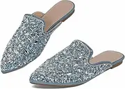 [Lossarye] Women's Rhinestone Pointed Toe Flat Mules Soft Memory Foam Insole Backless Slip On Glitter Slides Loafer Dress Clogs Flats