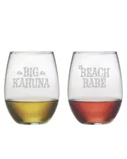 Susquehanna Glass Set of 2 Big Kahuna & Beach Babe Stemless Wine Glasses