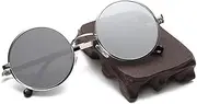 [LABRIMP] Metal Frame Vintage Sunglasses Round Reflective Glasses with Water Silver Lens for Both Men and Women