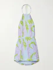 [BERNADETTE] BERNADETTE - Delilah Open-back Printed Linen Halterneck Mini Dress - Light blue - FR 44 FR 44 Blue
