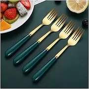 Tablespoons 4pcs Western Food Spoon Thickened Stainless Steel Home Eating Spoon Fork Spoon Set Serving Spoon (Color : Green Gold, Size : Fork)