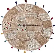 Beige Color Patchwork Cotton Boho Chic Bohemian Hand Embroidered Round Floor Pillows & Cushion Cover Seating Pouf Ottoman