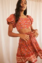 Red Boho Crop Top Short Sleeve Off Shoulder Full Volume - Size 16, Women's Crop Top