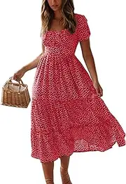 [Colisha] Womens Short Puff Sleeve Square Neck Floral Midi Dresses Flared Flowy Chiffon Maxi Dress Summer Beach Holiday Sundress