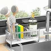 Cisily Sponge Holder for Kitchen Sink, Stainless Steel Silver Sink Caddy with High Brush Holder, Organzier Rustproof Dish Organizer, Soap Dispenser Storage, Kitchen Accessories for Organization