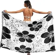 [RPLIFE] Black White Hibiscus Flowers Sarong Wraps, Summer Long Sarong Wrap Skirt, Large, Black White Hibiscus Flowers, Medium